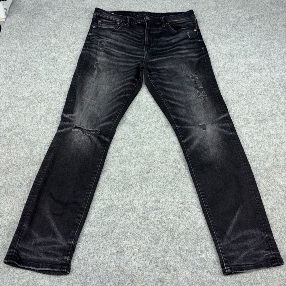 American Eagle Athletic Fit Jeans Mens 33x32 Black Airflex+ Distressed Denim EUC